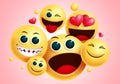 Emojis smiley group vector design. Smileys emoji group of friends with happy face and funny facial expression.