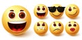 Emojis smiley vector set. Emoji smileys cute yellow face in different facial expressions Royalty Free Stock Photo