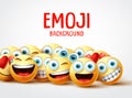 Emojis vector background funny concept. Emoji background text with group of funny and happy emoticon.