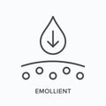 Emollient flat line icon. Vector outline illustration of skin and drop. Black thin linear pictogram for dermatology