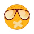 Emoticon with adhesive bandages over his lips in a sunglasses on white background.