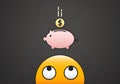 Emoticon character head looking at a coin falling into a piggybank. Vector illustration for investing, saving money and rewards Royalty Free Stock Photo