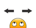 Emoticon character head making a decision with arrows and question above his head. Vector illustration with transparent background