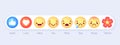 Emoticon emoji reactions. Social chat message mood buttons. Thumb up, love heart and haha, yay. Wow, sad and angry