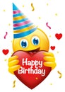 Emoticon face wears birthday hat holding the heart shape with Happy Birthday message Royalty Free Stock Photo