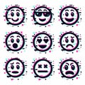 Emoticon glitch set. Smile face icon collection. Web design elements. Futuristic style. Cyberpunk symbol.