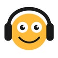 Emoticon of happy smiling person and man who is listening music, sound and audio by earphones, headphones, headset and head set