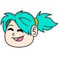 Emoticon head of a beautiful green haired woman laughing happily, doodle icon image kawaii