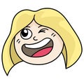 Emoticon head blonde woman laughing happily. doodle icon image