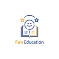 Emoticon and open book, education concept, fun learning, preschool preparation