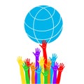 Emoticon on the palm. Hands with earth, people of the world holding the globe, flat vector sticker, poster, etc