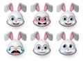 Emoticon rabbit face vector set. Rabbit or bunny emojis and emotions animal face with angry, crying, scared and cute faces.