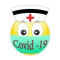 Emoticon of a red cross nurse in a medical bandage on the lips against bacteria. Communication on the Internet and