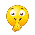 Emoticon silence. Quiet emoji shh gesture, shush silent smiley cartoon shushing face, finger shut mouth or smile lips