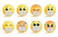 Emoticon smiley face mask vector set. Smiley emoji or icon coronavirus covid-19 in surgical mask with different facial expression. Royalty Free Stock Photo