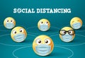 Emoticon smiley social distancing with face mask vector sign. Royalty Free Stock Photo