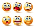 Emoticon smileys vector character set. Emoji 3d smiley with happy, shocked, shouting and teary eyed facial expression for smiley.