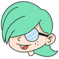 Emoticon of a smiling bespectacled nerdy woman. doodle icon image