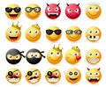 Emoticon vector set. Smiley face and yellow emoji of king and queen wearing crown, ninja and bearded pirate Royalty Free Stock Photo