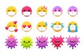 Emoticon wearing face masks in laugh, yay, smile, wow, love, angry and sad emotions on white background. Vector