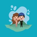 Emoticons couple in the field kawaii characters Royalty Free Stock Photo