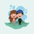 Emoticons couple in the field kawaii characters Royalty Free Stock Photo