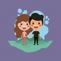 Emoticons couple in the field kawaii characters Royalty Free Stock Photo