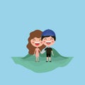 Emoticons couple in the field kawaii characters Royalty Free Stock Photo