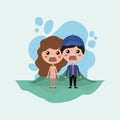 Emoticons couple in the field kawaii characters Royalty Free Stock Photo