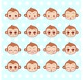 Emoticons, emoji, smiley set, colorful Sweet Little cute kawaii anime cartoon monkey different emotions mascot sticker Happy, sad, Royalty Free Stock Photo