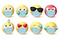 Emoticons face mask vector emojis set. Emojis and covid-19 emoticons with face mask and facial expressions