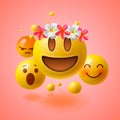 Emoticons with flower on head, summer concept, emoji with wreath flowers on head