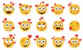 Emoticons in love set. Collection of yellow cartoon emoji with hearts isolated on white background. Vector