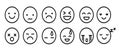 Emoticons set. Emoji faces collection. Emojis flat style. Happy and sad emoji. Line smiley face vector