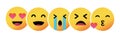 Emoticons set. Emoji faces emoticon smile, digital smiley expression emotion feelings, chat messenger cartoon emotes. Vector