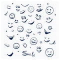 Emoticons. Set of funny faces and smiles, elements for design. Hand drawn vector illustration. Doodle style. Royalty Free Stock Photo