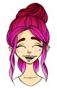 Pink-haired girl face, laughing facial expression.