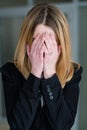 Emotion sad distraught woman covering hands crying Royalty Free Stock Photo