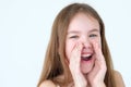 Emotion child cup hands mouth cry loud megaphone Royalty Free Stock Photo