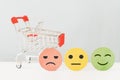 Emotion face on circle paper cut and red shopping cart for positive thinking ,customer review, experience, satisfaction survey Royalty Free Stock Photo