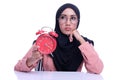 Emotion face or expression muslim woman face with deference time clock.