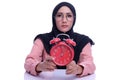 Emotion face or expression muslim woman face with deference time clock.