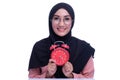 Emotion face or expression muslim woman face with deference time clock.