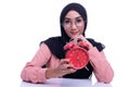 Emotion face or expression muslim woman face with deference time clock.