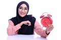 Emotion face or expression muslim woman face with deference time clock.