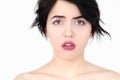 Emotion face worried alarmed agitated woman Royalty Free Stock Photo