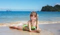 Emotion girl at sea coast. Royalty Free Stock Photo