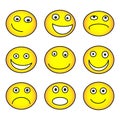 Emotion icon set, yellow isolated on white background, vector illustration. Royalty Free Stock Photo