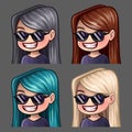 Emotion icons smile female in black glasses with long hairs for social networks and stickers Royalty Free Stock Photo