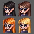 Emotion icons smile female in black glasses with long hairs for social networks and stickers Royalty Free Stock Photo